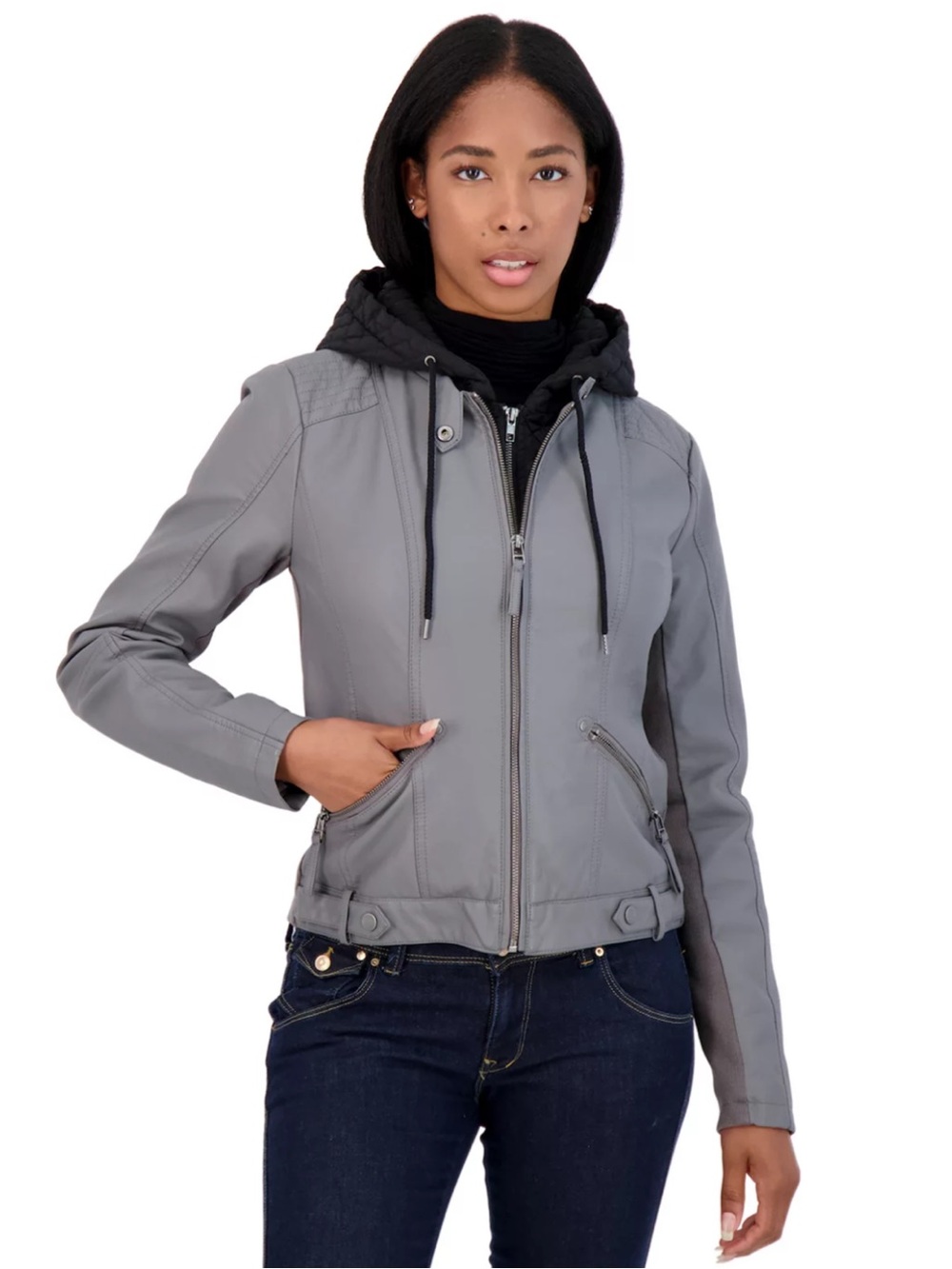Sebby Collection Grey Faux Leather Moto Jacket Hooded Full Zip Pockets Medium - Picture 1 of 8